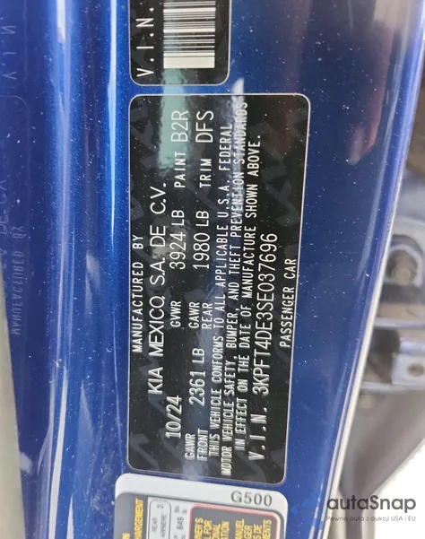 2025 Kia K4 Lx из США, поврежденный, VIN 3KPFT4DE3SE037696